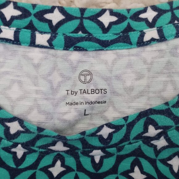 T by Talbots Women’s L Green Blue Geometric Print Short Sleeve Knit Top Cotton - Picture 2 of 7